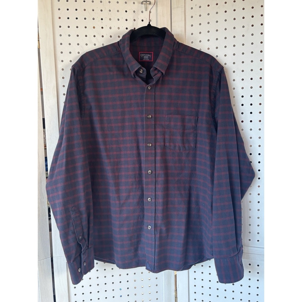 Untuckit Men's M Navy Blue Maroon Check Button‎ Down Flannel Shirt Cotton